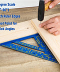 Compact Seven Inch Rafter Square Carpenter Tool For Woodworking And DIY Jobs Featuring Slick Blue Anodized Aluminum Construction showing degree scale and pivot point.