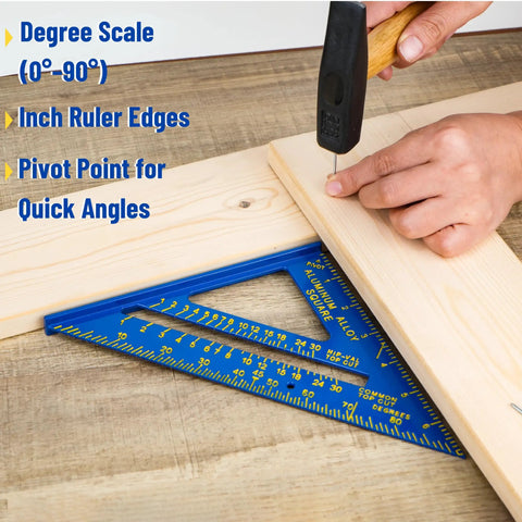 Compact Seven Inch Rafter Square Carpenter Tool For Woodworking And DIY Jobs Featuring Slick Blue Anodized Aluminum Construction showing degree scale and pivot point.
