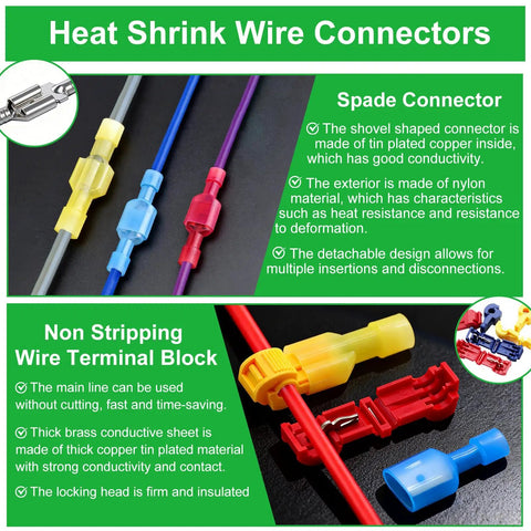Image of All In One Waterproof Heavy Duty Heat Shrink Wire Connector Kit with spade connectors and terminal blocks on a black background.