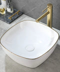 Modern Square 16 By 16 White Porcelain Vessel Sink With Gold Trim For Lavatory Vanity Cabinet, Ceramic Art Basin