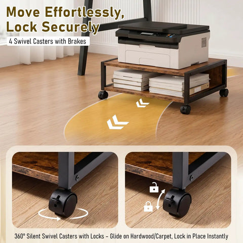 Straight Up Slick 2 Tier Printer Stand Under Desk With Easy Glide Wheels And Open Lower Shelf For A4 Paper Storage Brown Desktop Organizer Keeps Your Home Office Super Fresh And Dope
