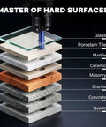 Image showing a drill bit penetrating layers of glass, porcelain tile, marble, ceramic, masonry, granite, concrete, and quartz.