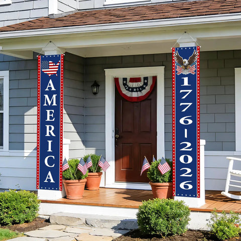Patriotic Outdoor Decor Two Pack Fourth Of July Banner Set red white and blue porch flags for front door or balcony