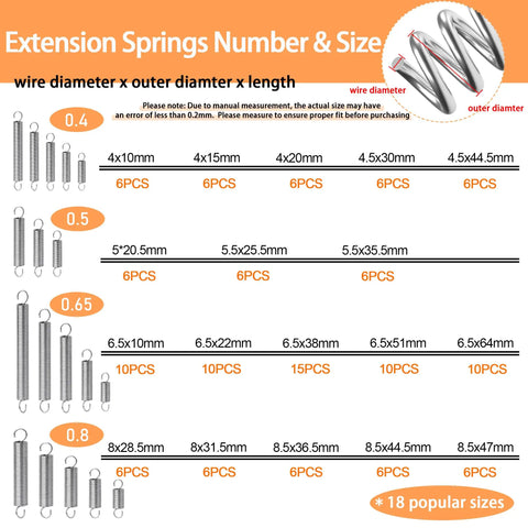 Big 133-Piece Zinc Extension Spring Assortment Box With 18 Sweet Sizes For Home Fixins, Auto Tuning, And All Your Tough DIY Hacks To Keep Things Running Smooth, size chart