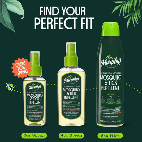 Display of Murphy's Naturals lemon eucalyptus mosquito and tick repellent sprays in sizes 2oz, 4oz, and 6oz mist, green caps