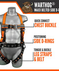 Warthog MAXX Side D-Ring Fall Protection Safety Harness With Removable Safety Belt, full body, orange straps, X-Small