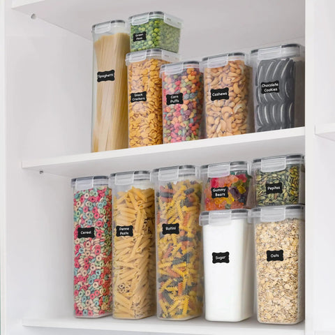 48 Piece Airtight Food Storage Containers Set With Lids, Clear Stackable Pantry Containers For Cereal And Dry Goods, neatly organized.