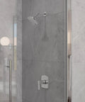 Deckard Single Handle Shower Faucet Trim Kit With Polished Chrome Multi-Function Shower Head in modern bathroom setting