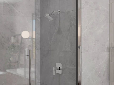 Deckard Single Handle Shower Faucet Trim Kit With Polished Chrome Multi-Function Shower Head in modern bathroom setting