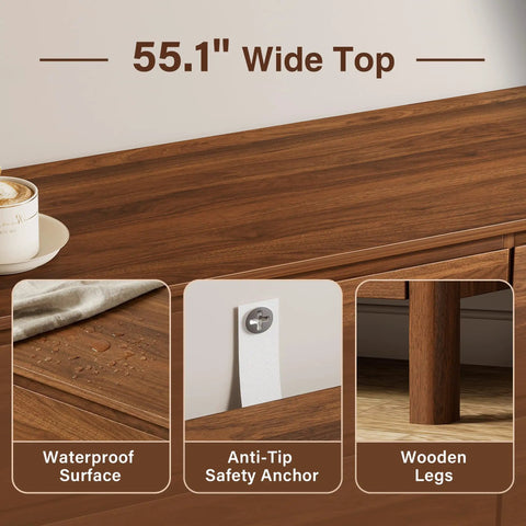 Mid Century Modern Dresser Boasting Eight Spacious Drawers And A Rich Walnut Finish Resting On Robust Wood Legs, showing 55.1" wide top and waterproof features.