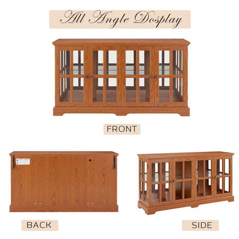59 Inch LED Curio Cabinet With Seven Color Lights, front, back, and side views in dark oak finish, glass doors, adjustable shelves.