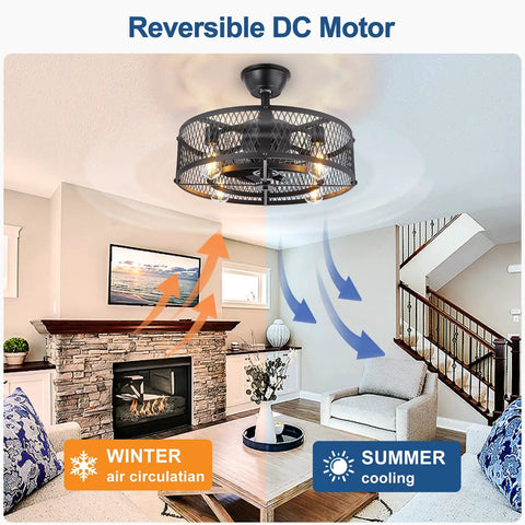 20 Inch Caged Ceiling Fan With Light Remote Dope Industrial Farmhouse Style Black circulating air in living room