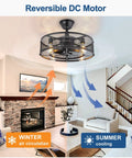 Retractable Blades Ceiling Fan With Lights In Vintage Cage Remote Control Six Speeds And One Two And Four Hour Timers Separate Fan And Light Control Black Finish Ideal For Kitchen Dining Living Room Bulbs Not Included in living room with air flow illustrations.
