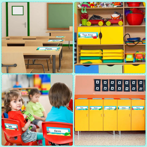 36 Sea Animals Desk Name Plates For Classroom Kid Friendly Personalized Name Tags on desks, chairs, storage in classroom setting.