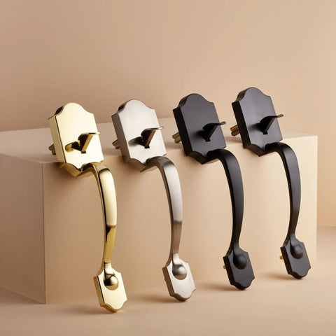 Easy Install Handleset With Tulip Knob For Front Door Single Cylinder Polished Brass Universal Handling Fits Most Doors From One And Three Eighths To One And Three Quarters Inches Six Way Adjustable Latch For Two And Three Quarters Backset, in multiple finishes.