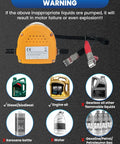 Warning poster for 12V 60W Oil Extractor Pump for Cars Motorcycles Boats and Lawn Equipment, showing acceptable and non-acceptable liquids.