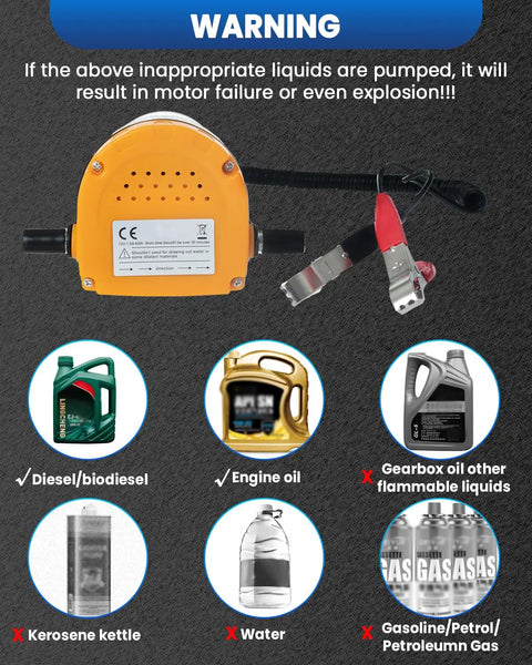 Warning poster for 12V 60W Oil Extractor Pump for Cars Motorcycles Boats and Lawn Equipment, showing acceptable and non-acceptable liquids.