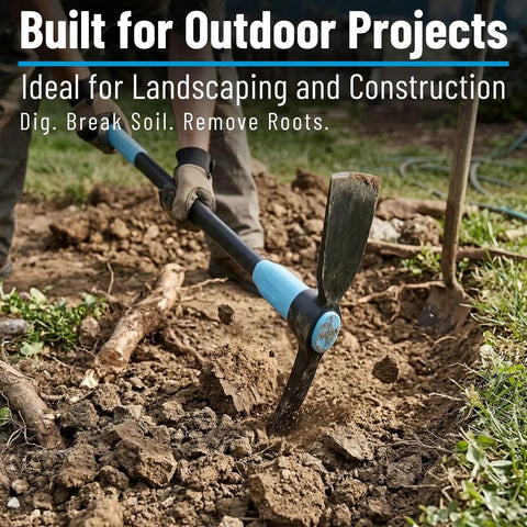 5 Lb Steel Pick Mattock With 36 Inch Fiberglass Handle breaking ground in a garden with visible soil and roots