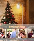 Christmas tree next to modern floor lamp with gift suggestions, highlighting Frosted Glass Globe Floor Lamp With 9W LED as a present choice