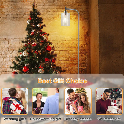 Christmas tree next to modern floor lamp with gift suggestions, highlighting Frosted Glass Globe Floor Lamp With 9W LED as a present choice