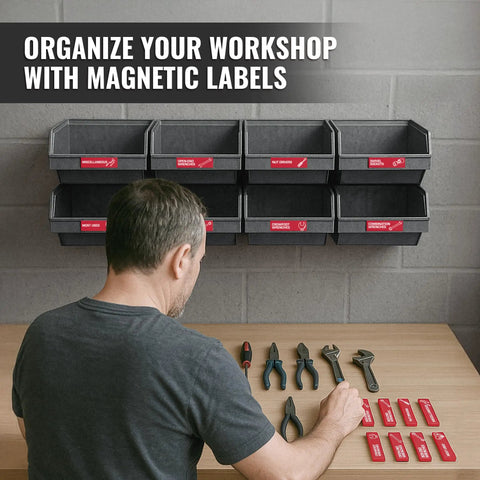 Person organizing tools with 90 Pcs Magnetic Toolbox Labels Set Red 3.5x1 Inch for tool box drawers, magnetic backing visible.