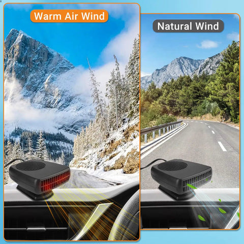 200W 12V Car Heater And Cooler Plugs Right Into Your Cigarette Lighter For Snappy Windshield Defrost And Anti Fog Visibility slick 360 swivel head showing warm and natural air wind.