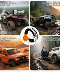 Image collage showing an off-road vehicle and Beefy Half Inch By 22 Inch Soft Shackle Recovery Kit For Off Road Winch And Vehicle Towing 56000 Lbs Capacity Lightweight UHMWPE Fiber Orange Durable And Wear Resistant For Rugged Trails, highlighting durability and use in muddy and rocky conditions.