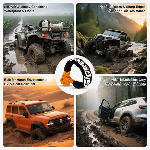 Image collage showing an off-road vehicle and Beefy Half Inch By 22 Inch Soft Shackle Recovery Kit For Off Road Winch And Vehicle Towing 56000 Lbs Capacity Lightweight UHMWPE Fiber Orange Durable And Wear Resistant For Rugged Trails, highlighting durability and use in muddy and rocky conditions.