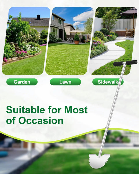 Serrated Edger Lawn Tool With Half Moon Shovel And T Handle 38 Inch Rust Proof Ergonomic Edging Tool shown on lawn and garden