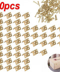 Mini Brass Hinges Set, 50 Pack For Small Craft Doors And Boxes, shown with screws and example box application