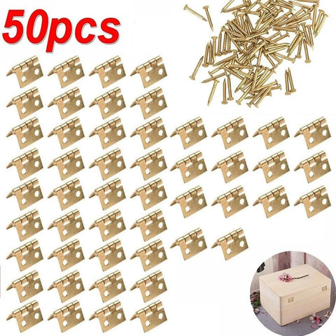 Mini Brass Hinges Set, 50 Pack For Small Craft Doors And Boxes, shown with screws and example box application