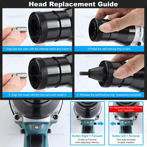 Ultimate 26V Cordless Rivet Nut Gun Kit With 7 Swappable Heads For M3 To M12 Fastening Plus Dual Batteries And Smart Features For pros, head replacement guide