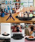 Heavy Duty Motorized Rotating Display Stand Rechargeable 360 Degree Platform With Remote Control showcasing products on a black turntable.