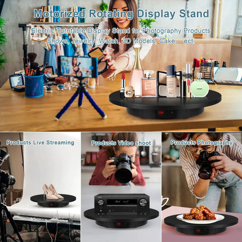 Heavy Duty Motorized Rotating Display Stand Rechargeable 360 Degree Platform With Remote Control showcasing products on a black turntable.