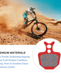 Cyclist biking on rough terrain with inset of Disc Brake Pads for Formula The One FR R0 R1 RX R1R, suitable for mountain bikes.