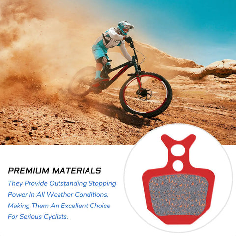 Cyclist biking on rough terrain with inset of Disc Brake Pads for Formula The One FR R0 R1 RX R1R, suitable for mountain bikes.