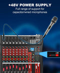 Eight Channel DJ Mixer For Home Studio And Live Gigs With Bluetooth And USB MP3 Playback Pro EQ XLR And One Quarter Inch Inputs 48V Phantom Power LED Peak Meter Ideal For Karaoke And Recording showing 48V power supply feature and microphone input.