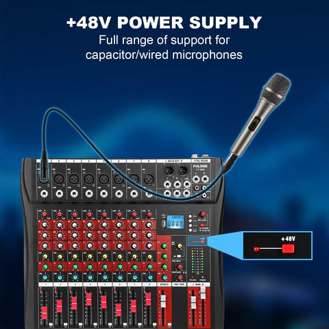 Eight Channel DJ Mixer For Home Studio And Live Gigs With Bluetooth And USB MP3 Playback Pro EQ XLR And One Quarter Inch Inputs 48V Phantom Power LED Peak Meter Ideal For Karaoke And Recording showing 48V power supply feature and microphone input.