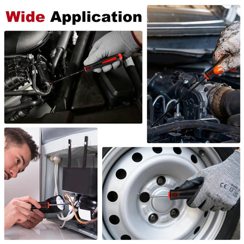 10 Piece Mechanic Pick Set With Non Slip Grips For Long And Short Picks Built For O Ring Seal And Gasket Removal Pro Grade Durable Alloy Steel Car Repair Tools For DIY And Pros Includes 9.5 Inch And 6.5 Inch Picks Red in use on engine, wheel rim, and appliance.