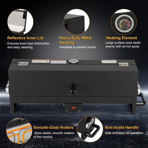 Heavy Duty Electric Pvc Conduit Heater With Temp Control And Safety Shutoff For 1/2 To 2 Inch Pipes features reflective lid and anti-scald handle.
