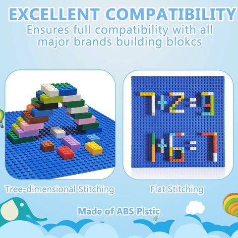 Four 10x10 Classic Building Brick Baseplates Set In Green Black Blue And Dark Grey For Totally Creative City Castle And Vehicle Builds, A Universal Play Surface To Expand Any Brick World And Boost Multiplayer Fun. blue ABS plastic brick baseplate with stacked blocks