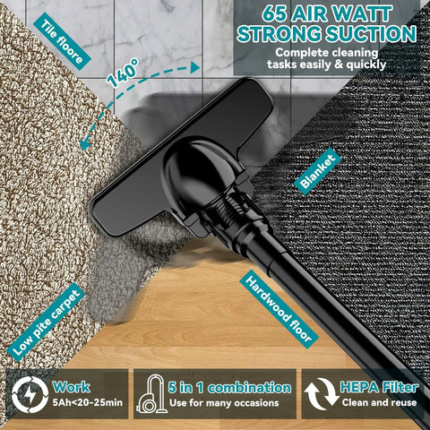 Cordless Handheld Vacuum Cleaner 5 In 1 With 500W High Power Motor 46 CFM Turbo Suction HEPA Filtration for diverse surfaces