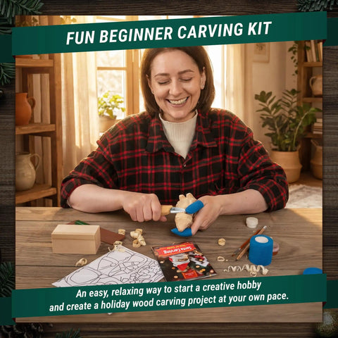 Woman using Santa Whittling Wood Carving Kit for Beginners with basswood block, knife, and paints in cozy room