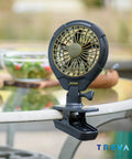 5 Inch Battery Powered Clip On Fan With Clamp 2 Pack attached to glass table edge for portable hands free cooling