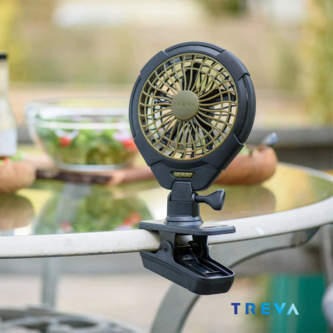 5 Inch Battery Powered Clip On Fan With Clamp 2 Pack attached to glass table edge for portable hands free cooling