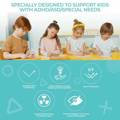 Children in classroom with ADHD/ASD using Fluorescent Light Covers For Ceiling Lights 48 By 24 Magnetic Filter for comfort