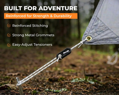 Lightweight Hammock Rain Fly Waterproof Shelter for Camping with metal grommet, extra long guy lines, and tensioners setup close-up