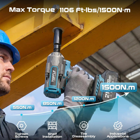 Impact Wrench 1500 Nm Brushless Cordless High Torque With Dual 4Ah Batteries, 4 Speed Settings, 3500 RPM, Half Inch Drive For Cars Trucks And Heavy Duty Truck Repairs used on steel beam