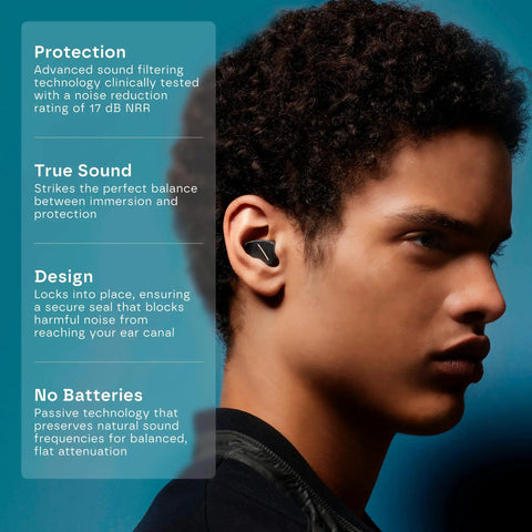Person wearing Dope High Fidelity Reusable Musicians Ear Plugs For Festivals And Live Shows With Comfortable Noise Reduction.