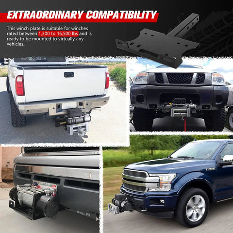 Universal 2 Inch Receiver Winch Mount Plate For ATV UTV Truck And Trailer Hitch Cradle Mount Bracket Heavy Duty Winch Mounting Plate displayed on various vehicles for front and rear installation.